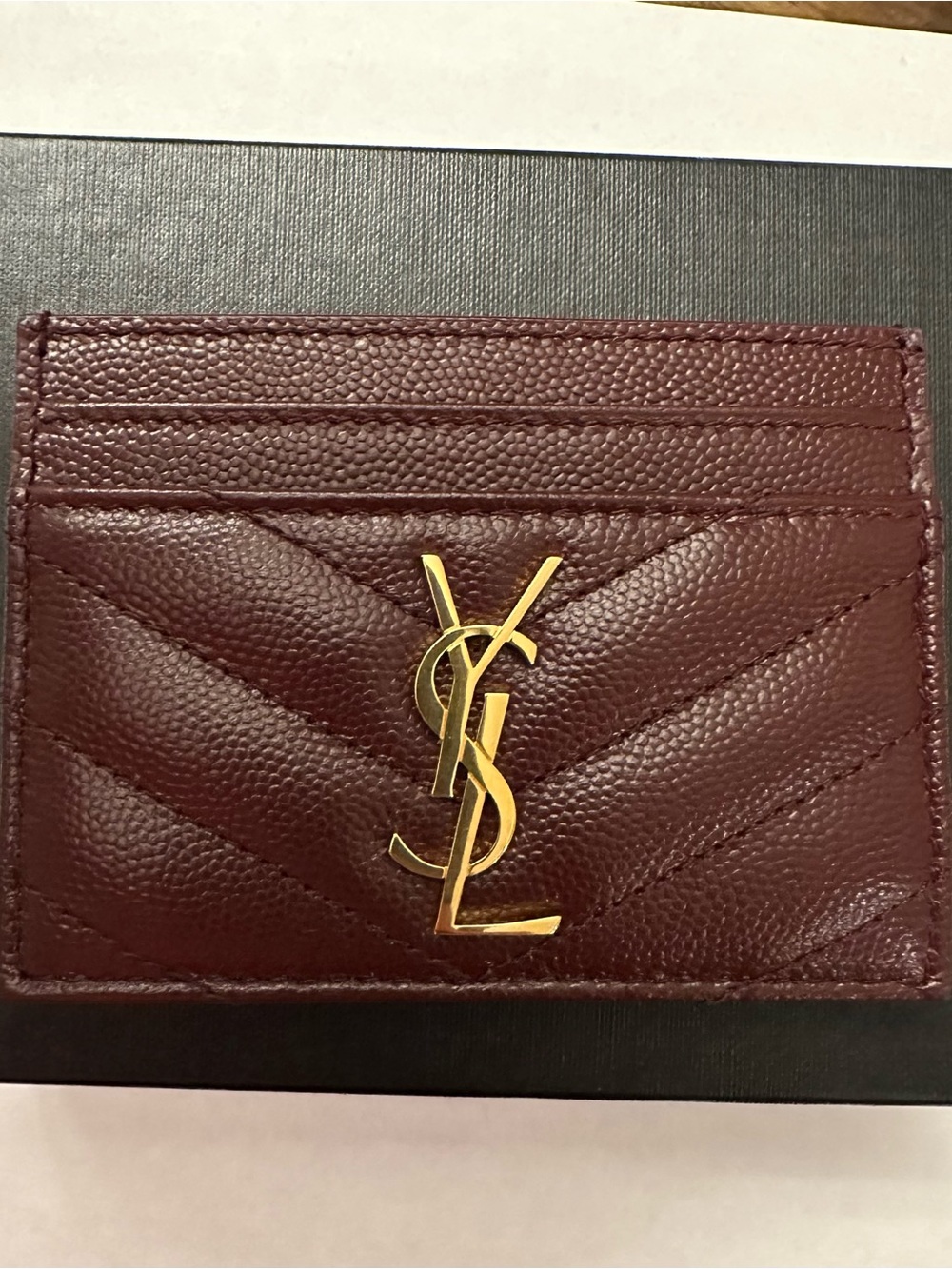 Saint Laurent Quilted Leather Card Holder in Burgundy with Gold YSL Logo